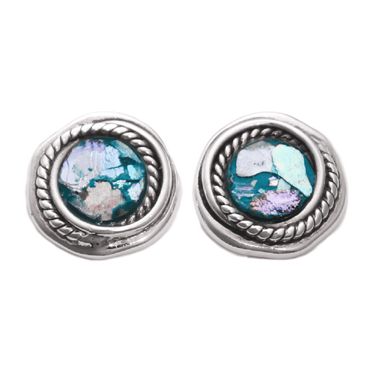 Circular stud earrings with multicolored roman glass in the center
