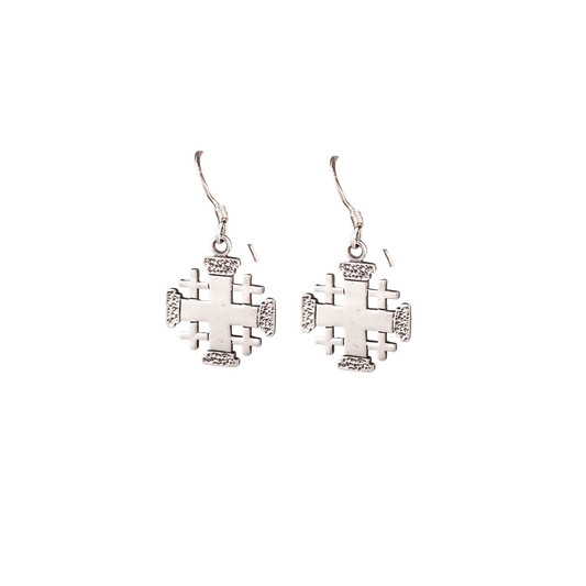 Jerusalem Cross Sterling Silver Earrings With Designed Edges