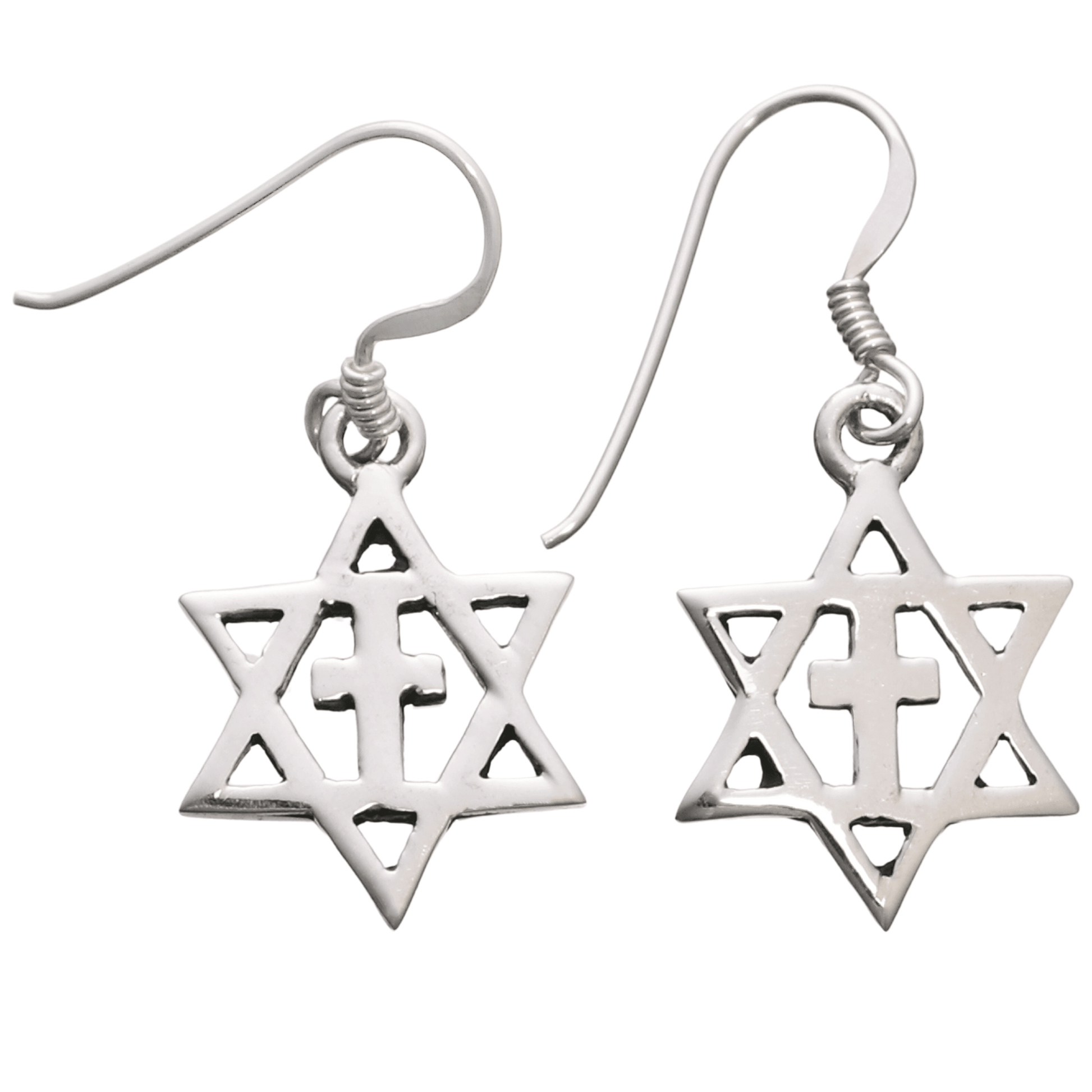 Sterling silver dangle earrings with the Star of David and a cross in the center of the star
