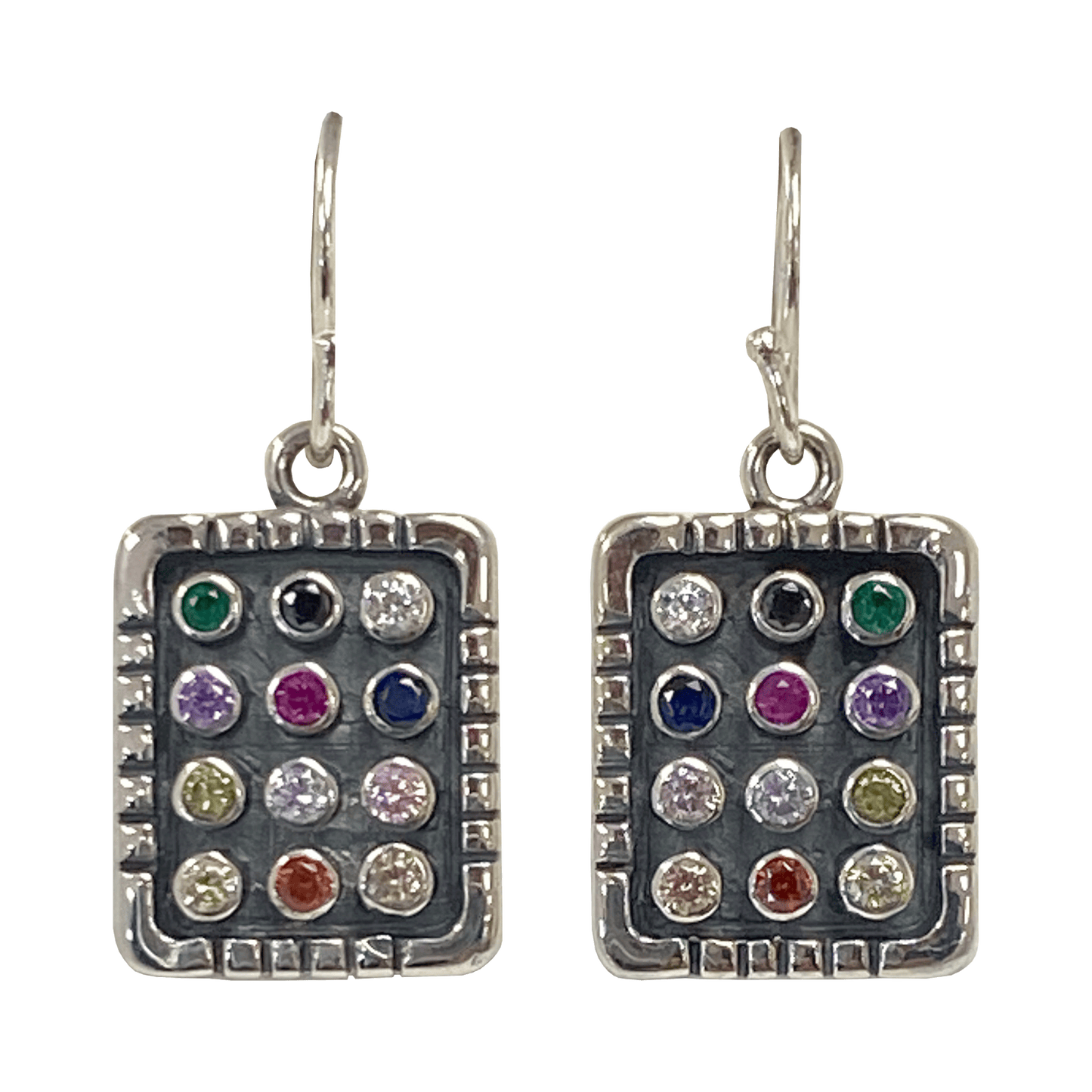 Sterling silver dangle earrings with twelve different colored stones on a breastplate-shaped pendant