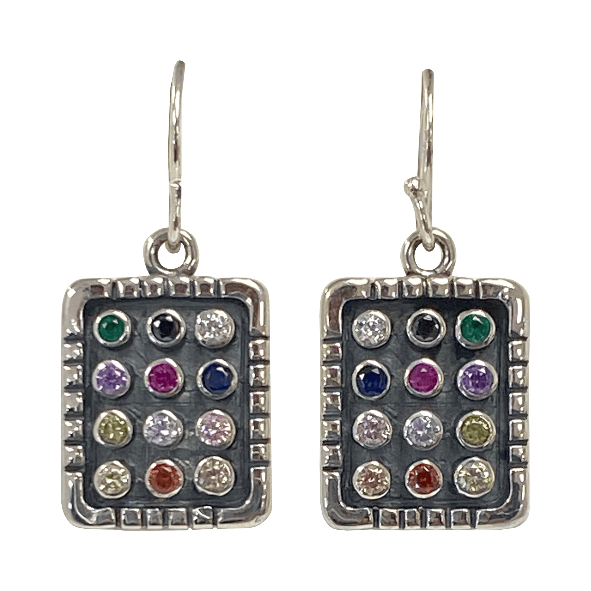 Sterling silver dangle earrings with twelve different colored stones on a breastplate-shaped pendant