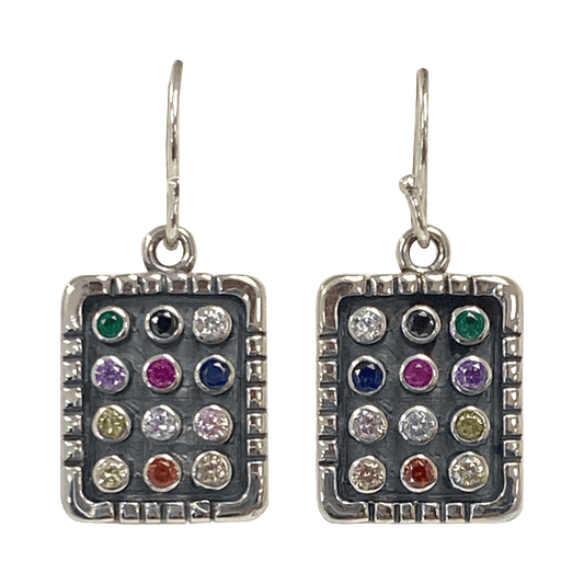 Sterling silver dangle earrings with twelve different colored stones on a breastplate-shaped pendant