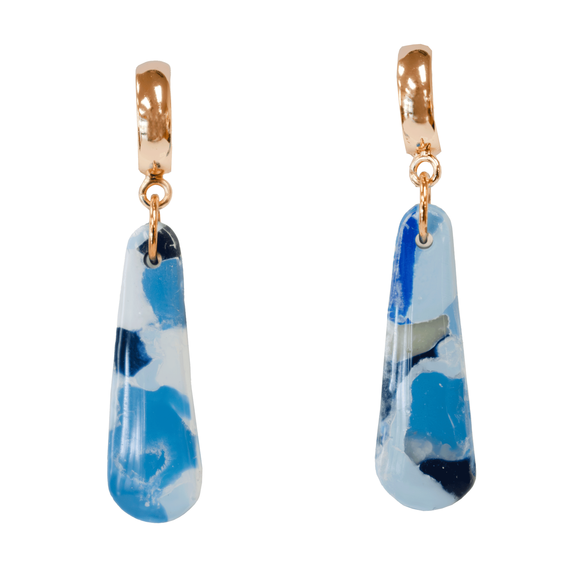 Handcrafted blue teardrop earrings made of marbled polymer clay with gold hardware