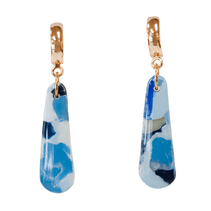 Handcrafted blue teardrop earrings made of marbled polymer clay with gold hardware