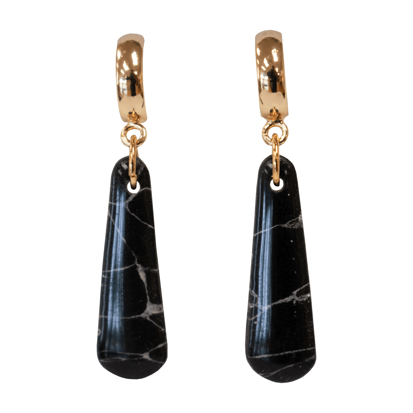 Handcrafted black teardrop earrings made of marbled polymer clay with gold hardware