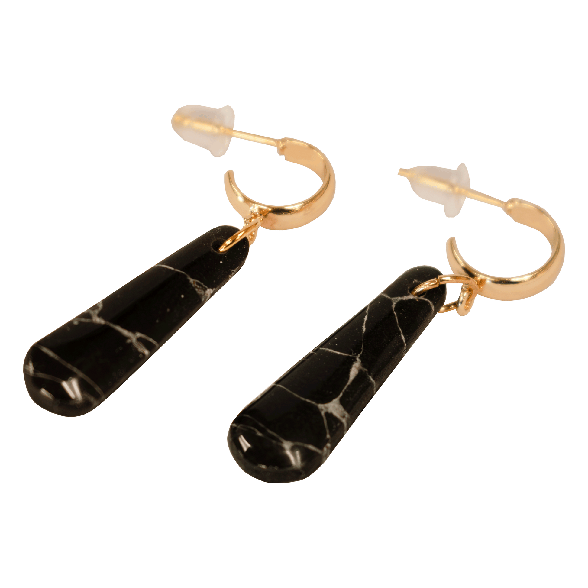 Handcrafted black teardrop earrings made of marbled polymer clay with gold hardware