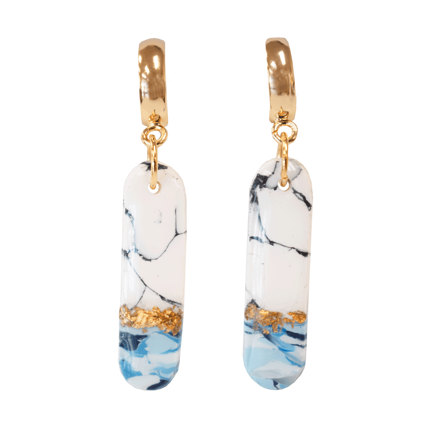 Handcrafted white and blue teardrop earrings made of marbled polymer clay with gold hardware