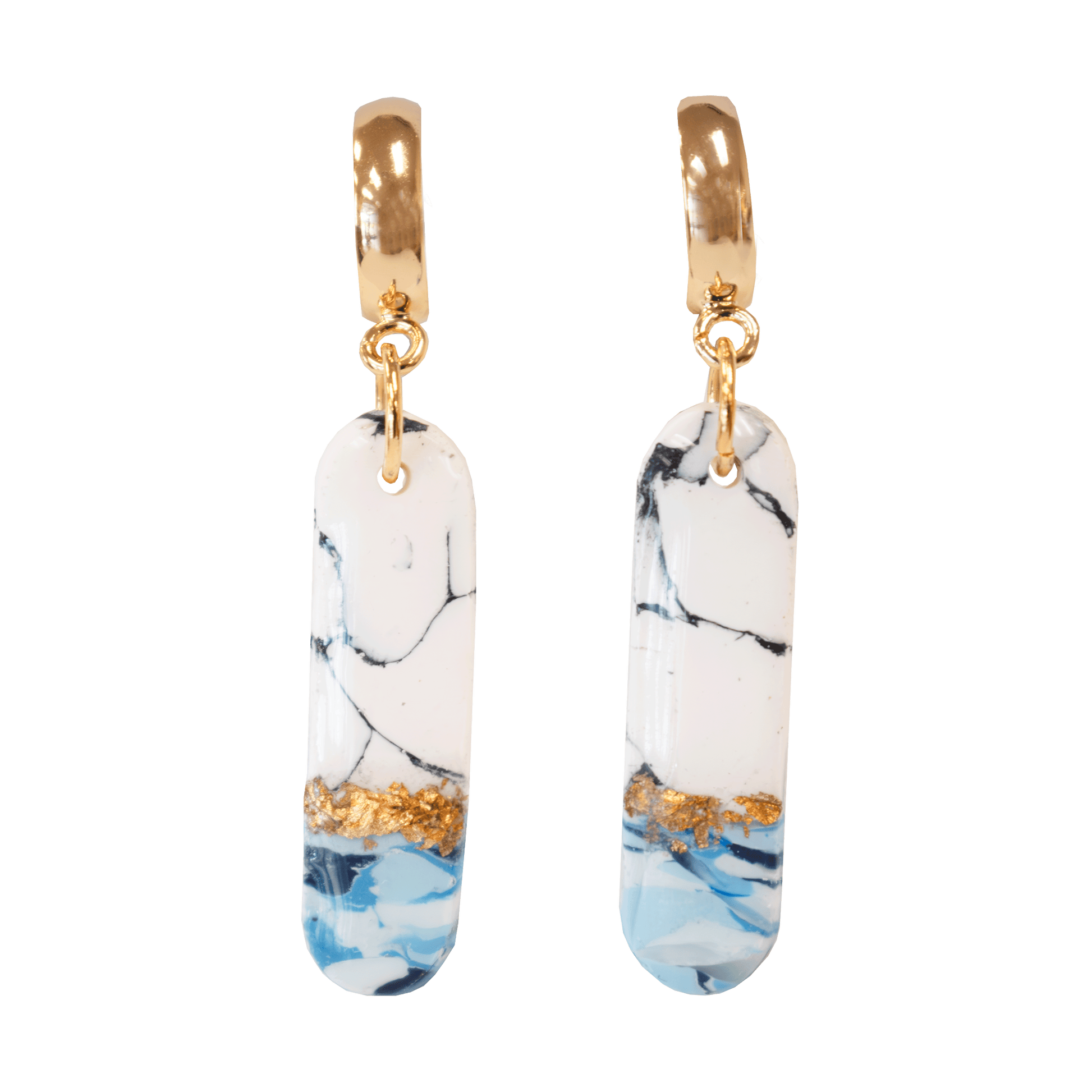 Handcrafted white and blue teardrop earrings made of marbled polymer clay with gold hardware