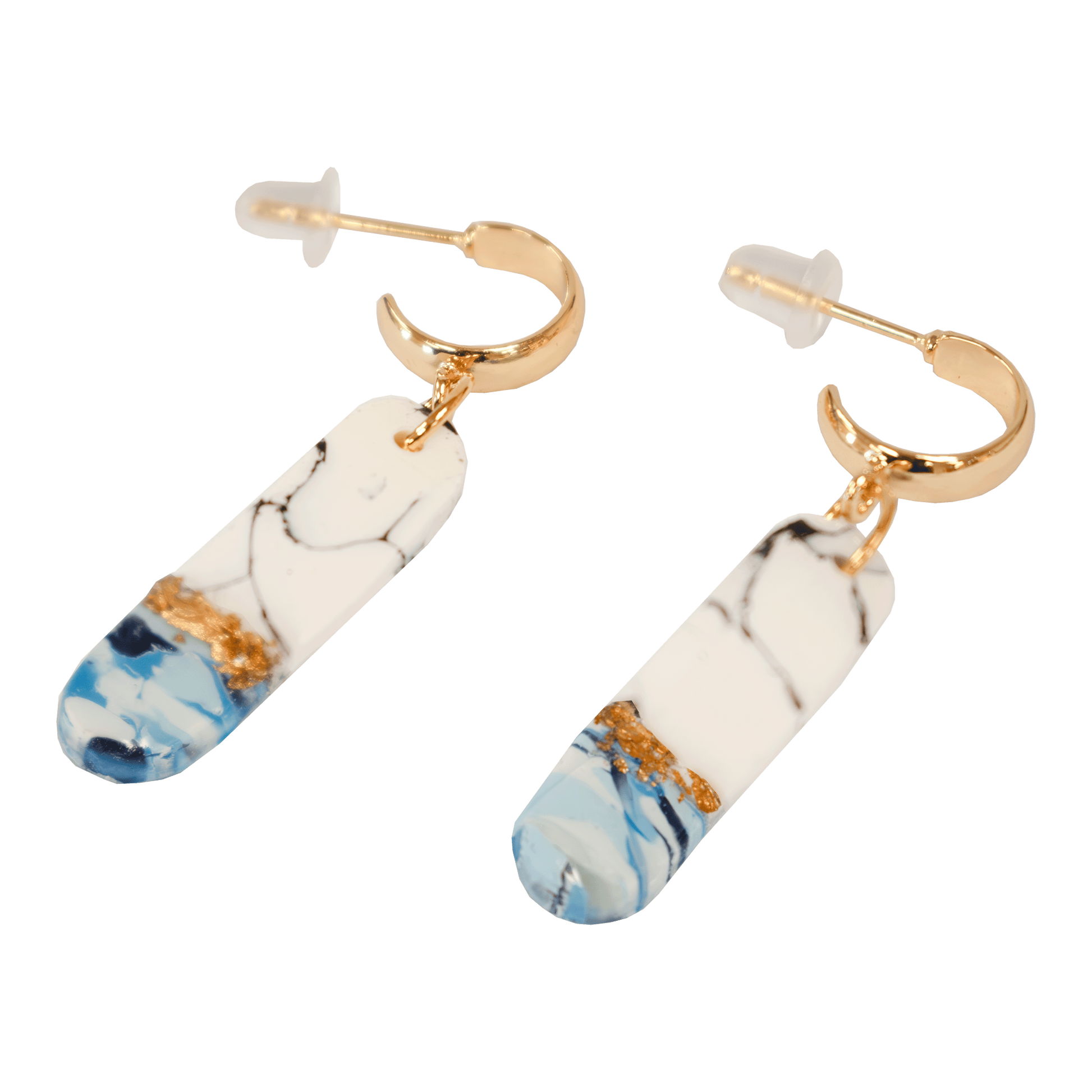 Handcrafted white and blue teardrop earrings made of marbled polymer clay with gold hardware