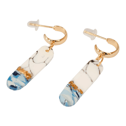 Handcrafted white and blue teardrop earrings made of marbled polymer clay with gold hardware