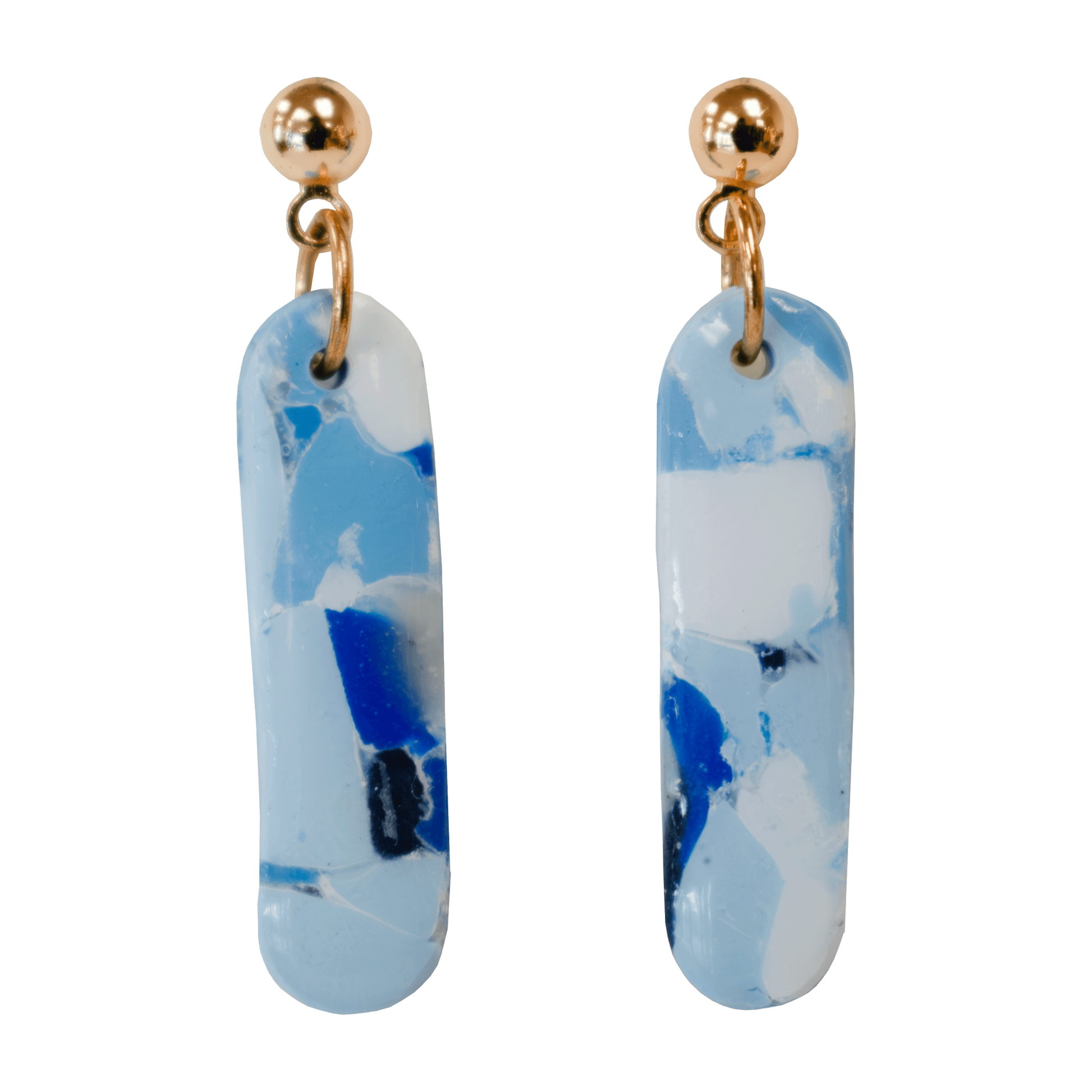 Handcrafted blue stud earrings made of marbled polymer clay with gold hardware