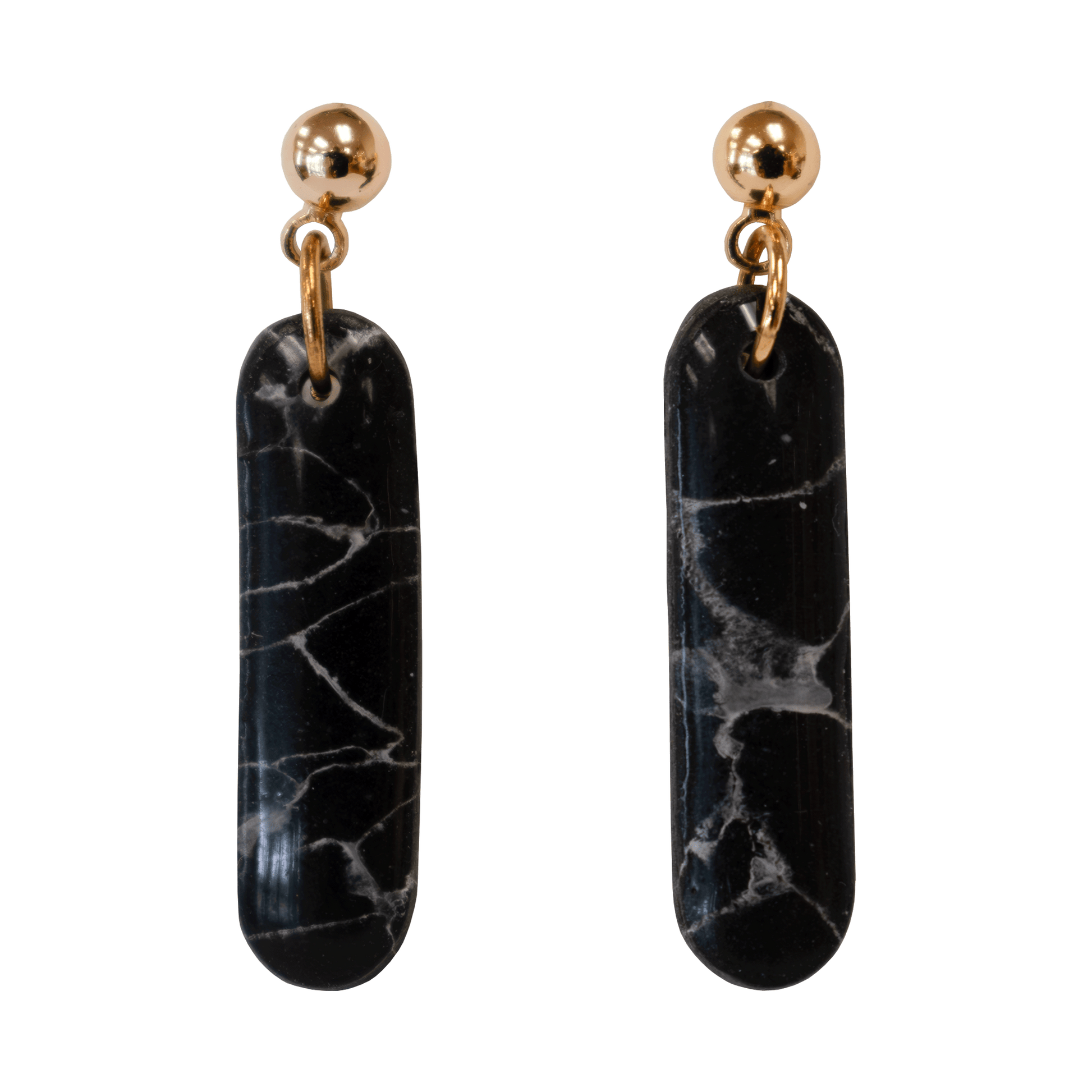 Handcrafted black stud earrings made of marbled polymer clay with gold hardware