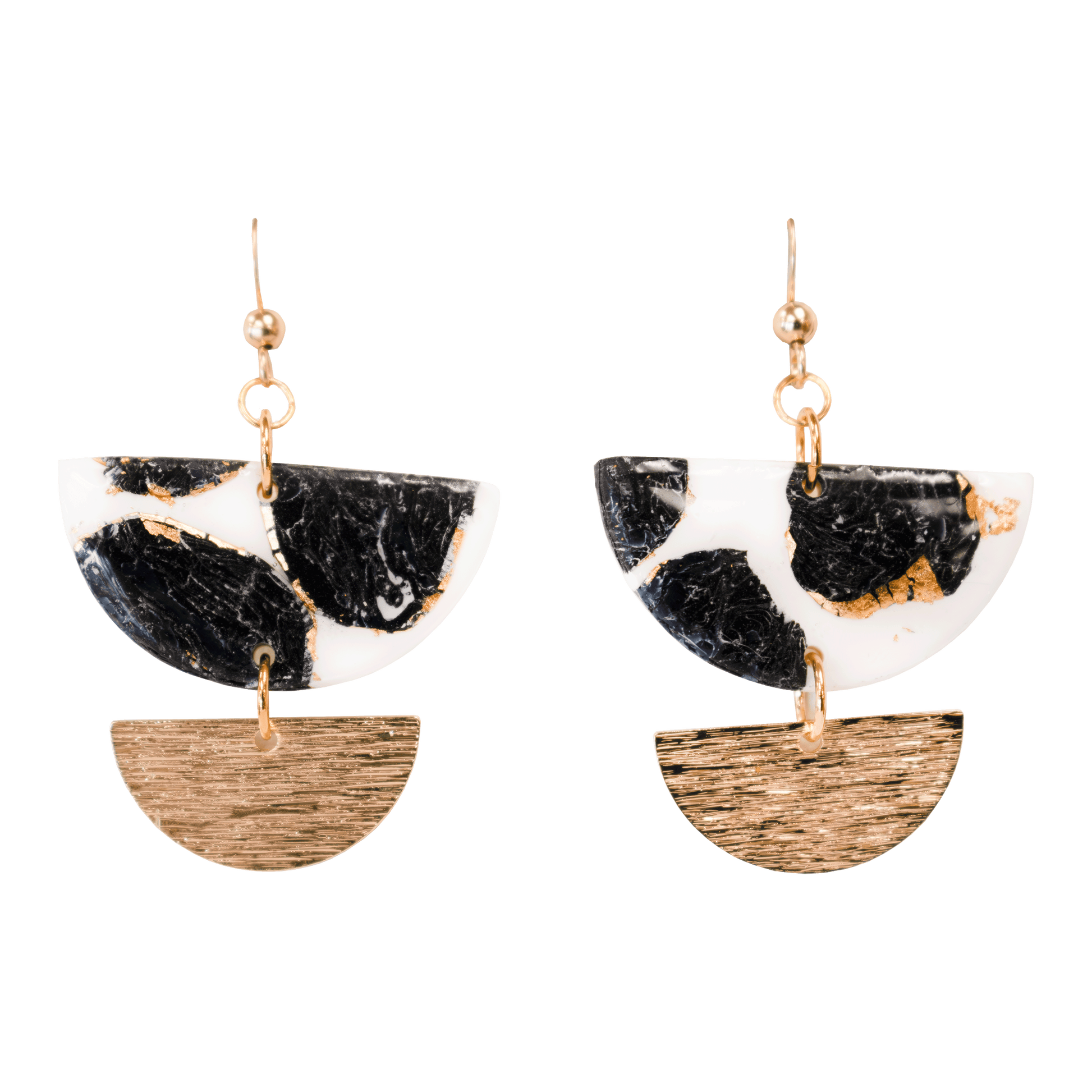 Stacked half moon earrings; the top half-moon is handcrafted from black and white polymer clay, and the bottom half-moon is gold-plated