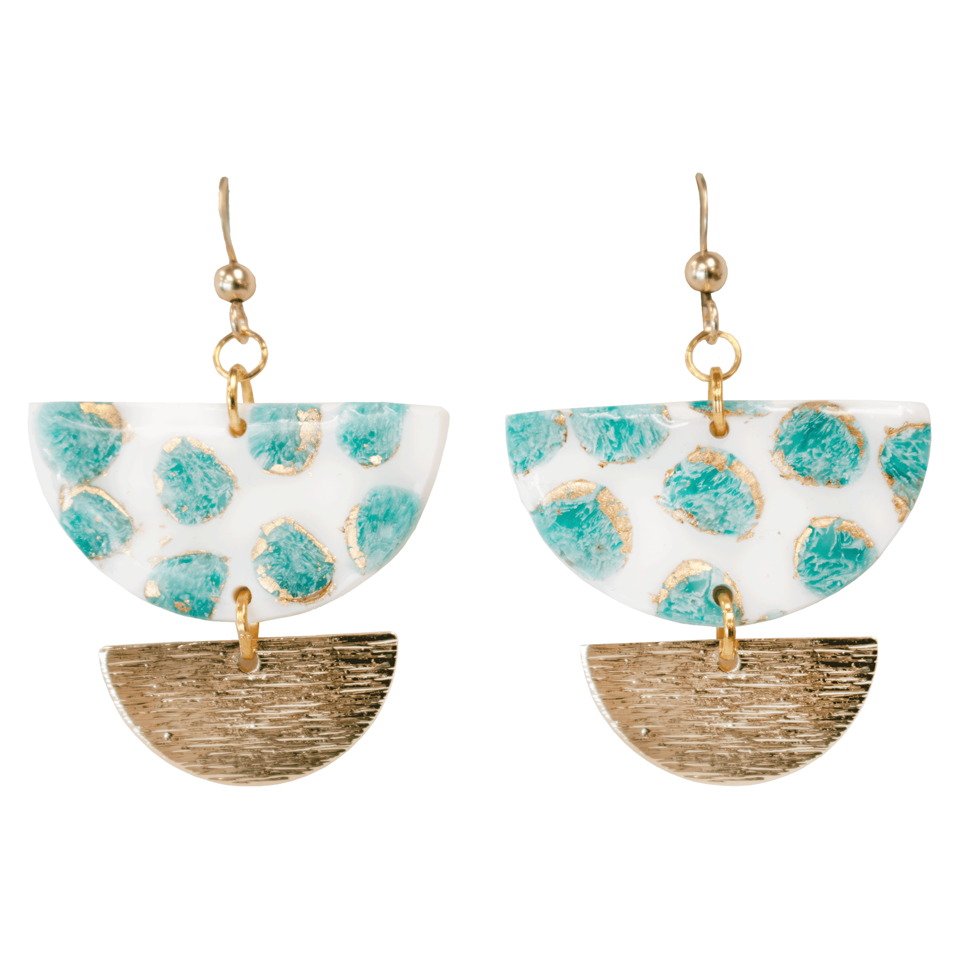 Stacked half moon earrings; the top half-moon is handcrafted from green and white polymer clay, and the bottom half-moon is gold-plated