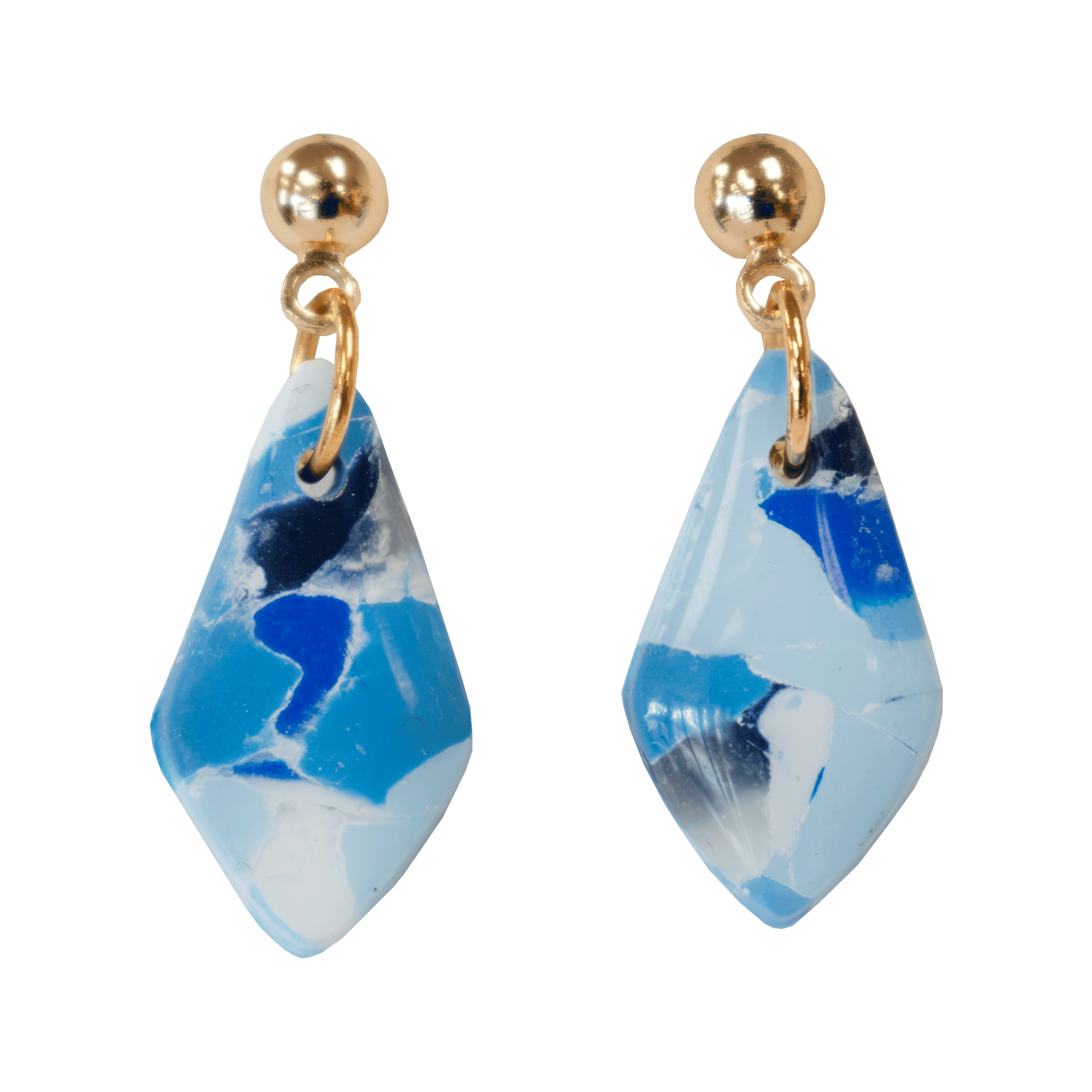 Handcrafted blue teardrop earrings made of marbled polymer clay with gold hardware