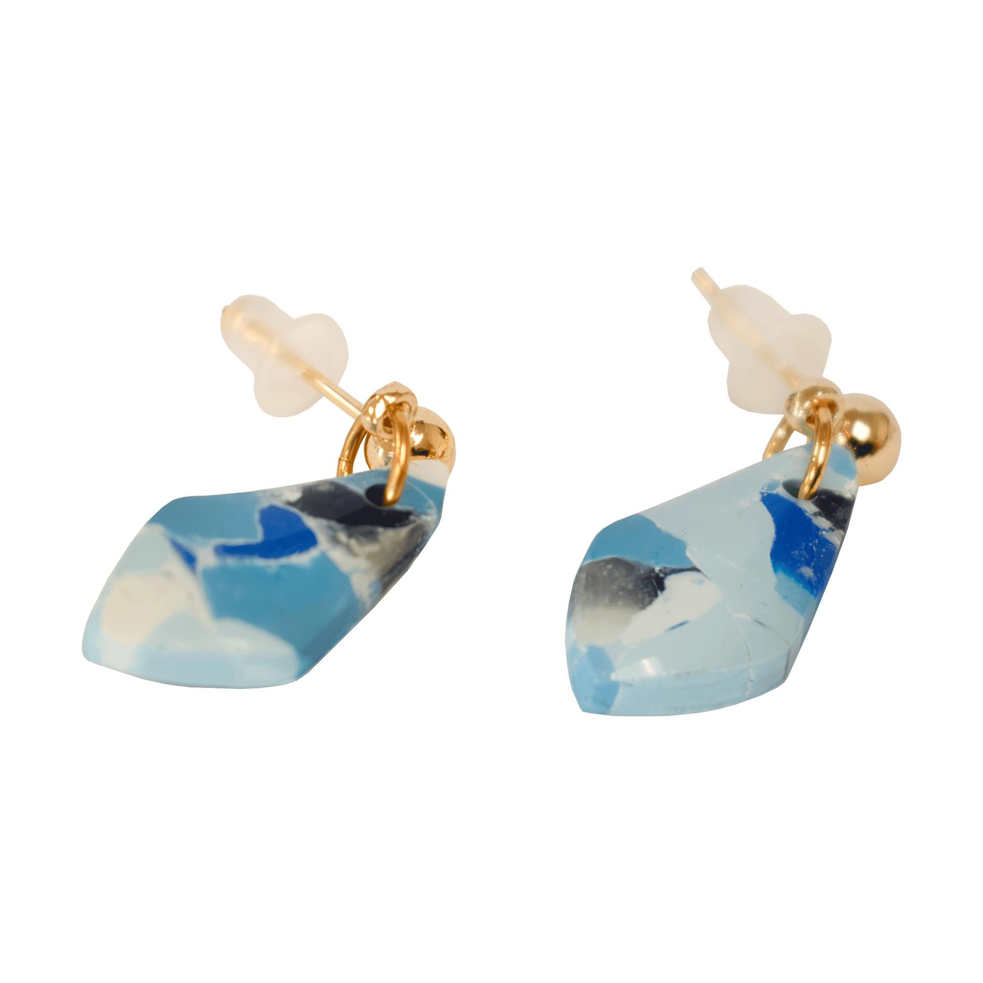 Handcrafted blue teardrop earrings made of marbled polymer clay with gold hardware