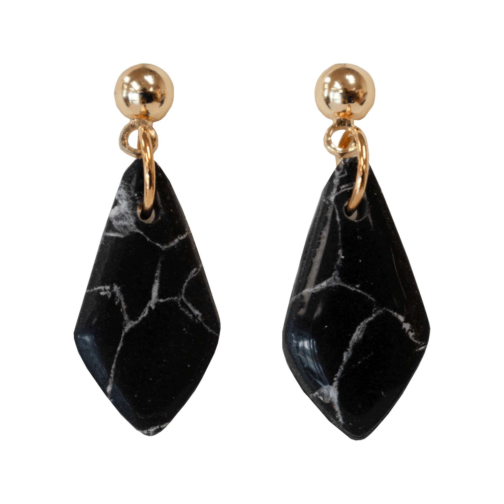 Handcrafted black teardrop earrings made of marbled polymer clay with gold hardware