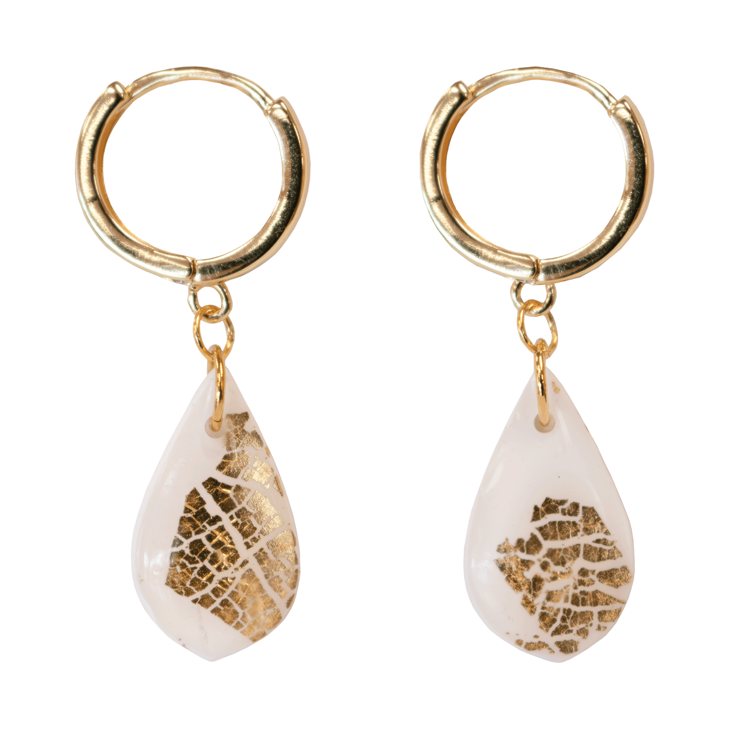 Gold-plated hoop earrings with a white polymer clay teardrop accented with gold foil suspended from the hoop