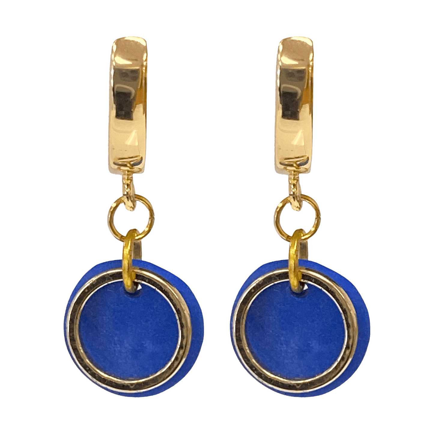 Gold-plated hoop earrings with a cobalt blue polymer clay disc and an open gold circle suspended from the hoop