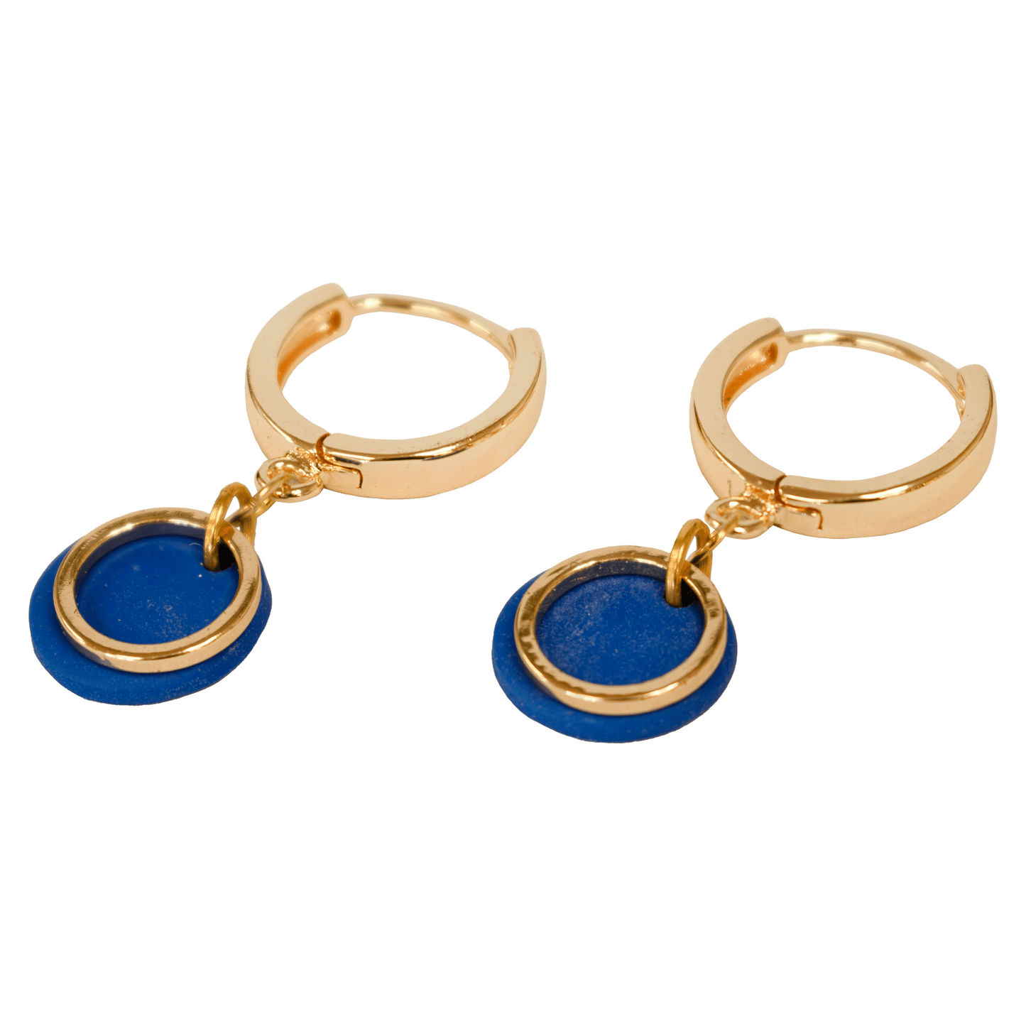 Gold-plated hoop earrings with a cobalt blue polymer clay disc and an open gold circle suspended from the hoop