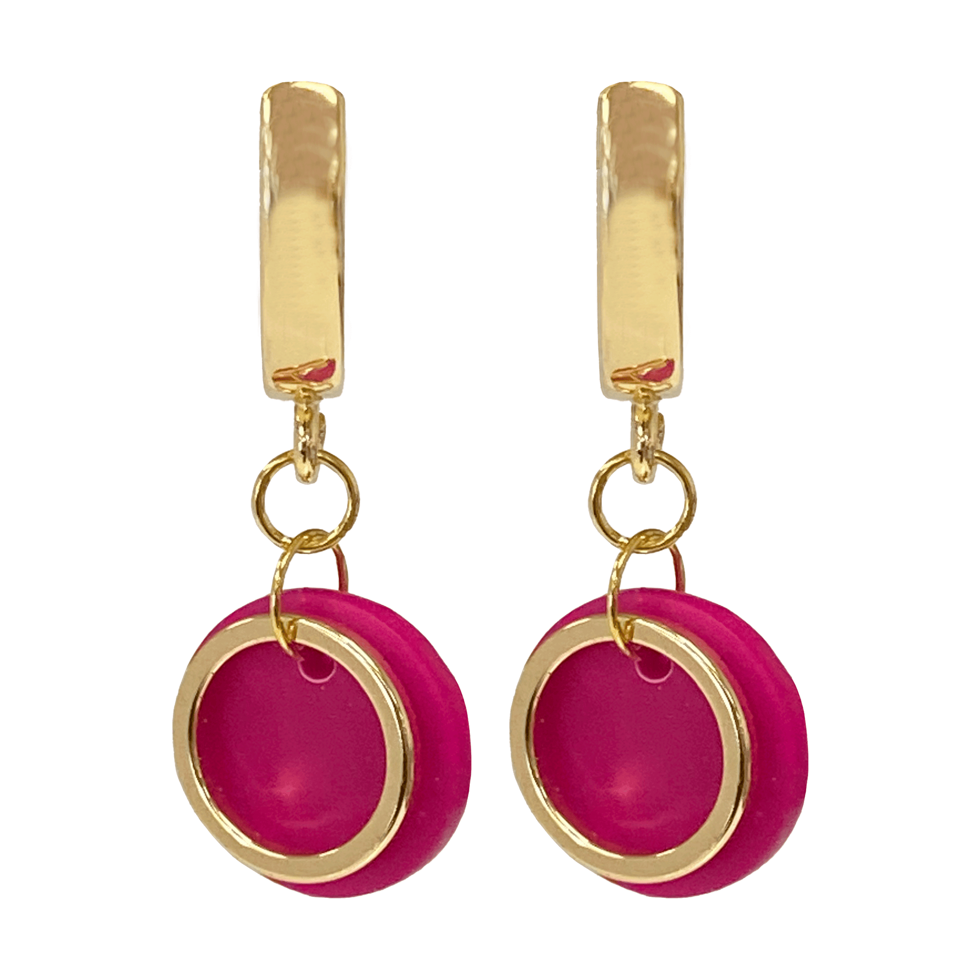 Gold-plated hoop earrings with a fuchsia polymer clay disc and an open gold circle suspended from the hoop