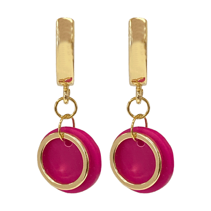 Gold-plated hoop earrings with a fuchsia polymer clay disc and an open gold circle suspended from the hoop