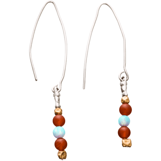Threader earrings with synthetic opal and red beads