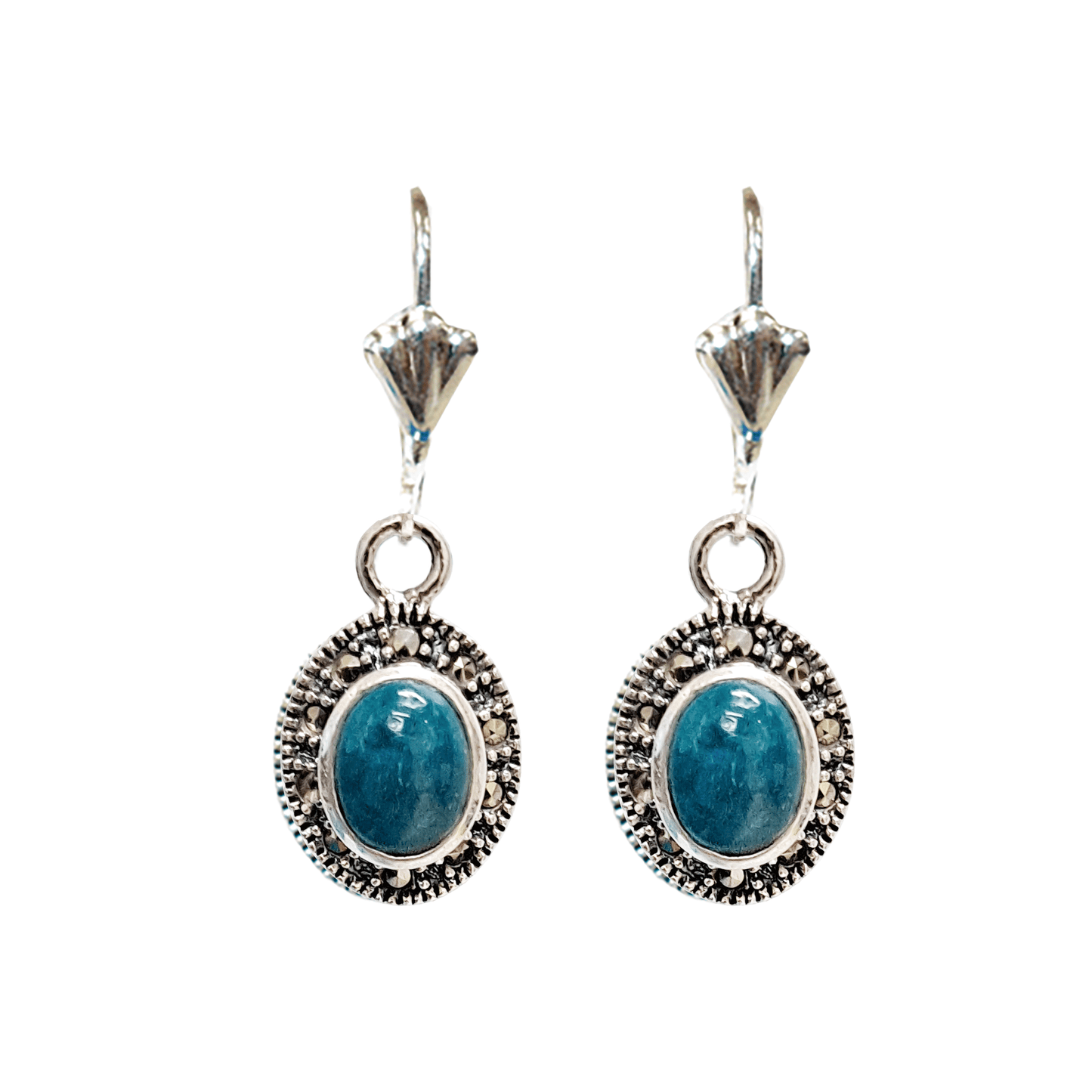 Oval-shaped vintage-style dangle earrings with an eilat stone encased in a sterling silver pendant