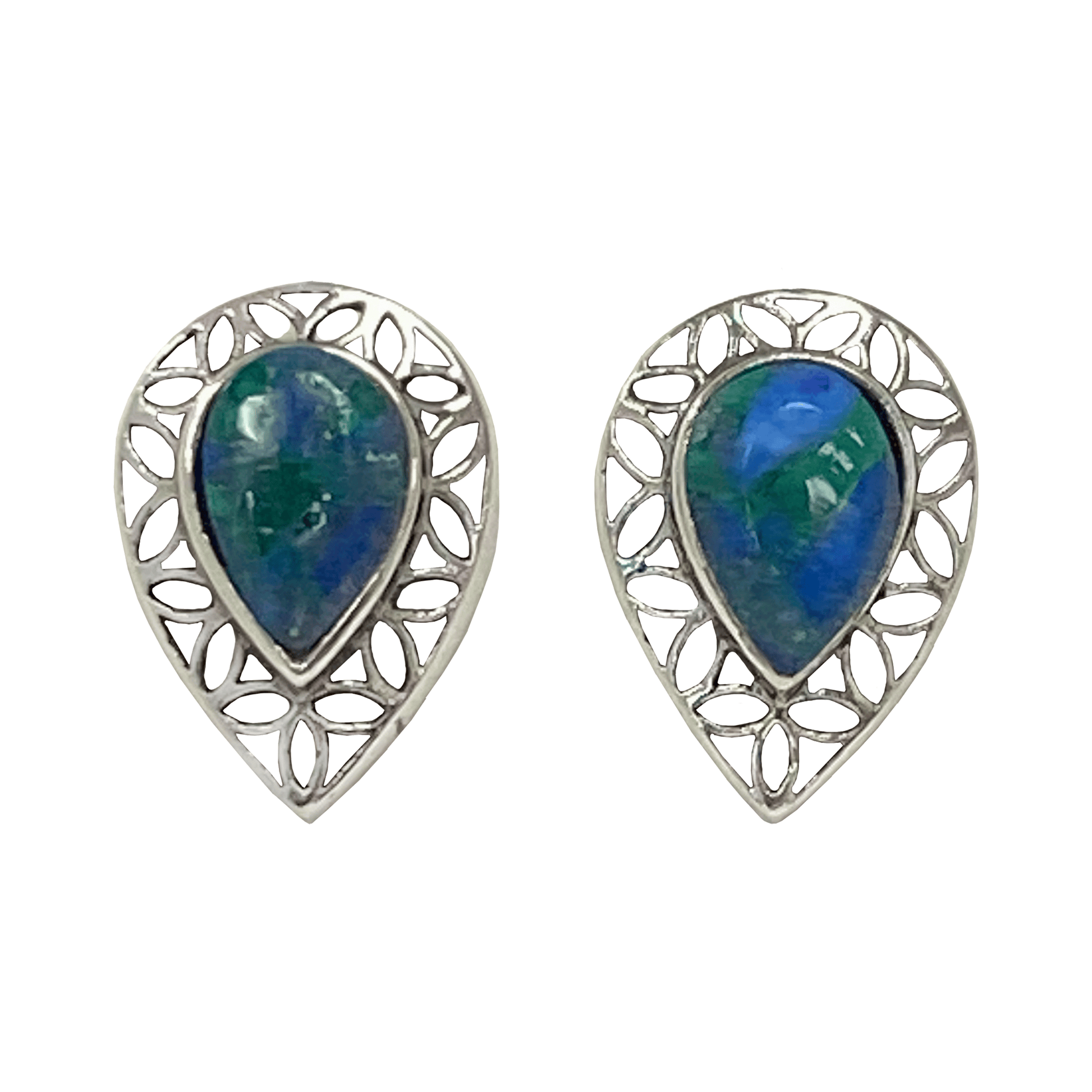 Eilat stone vintage teardrop stud earrings framed by an intricate sterling silver setting with cut-out spaces