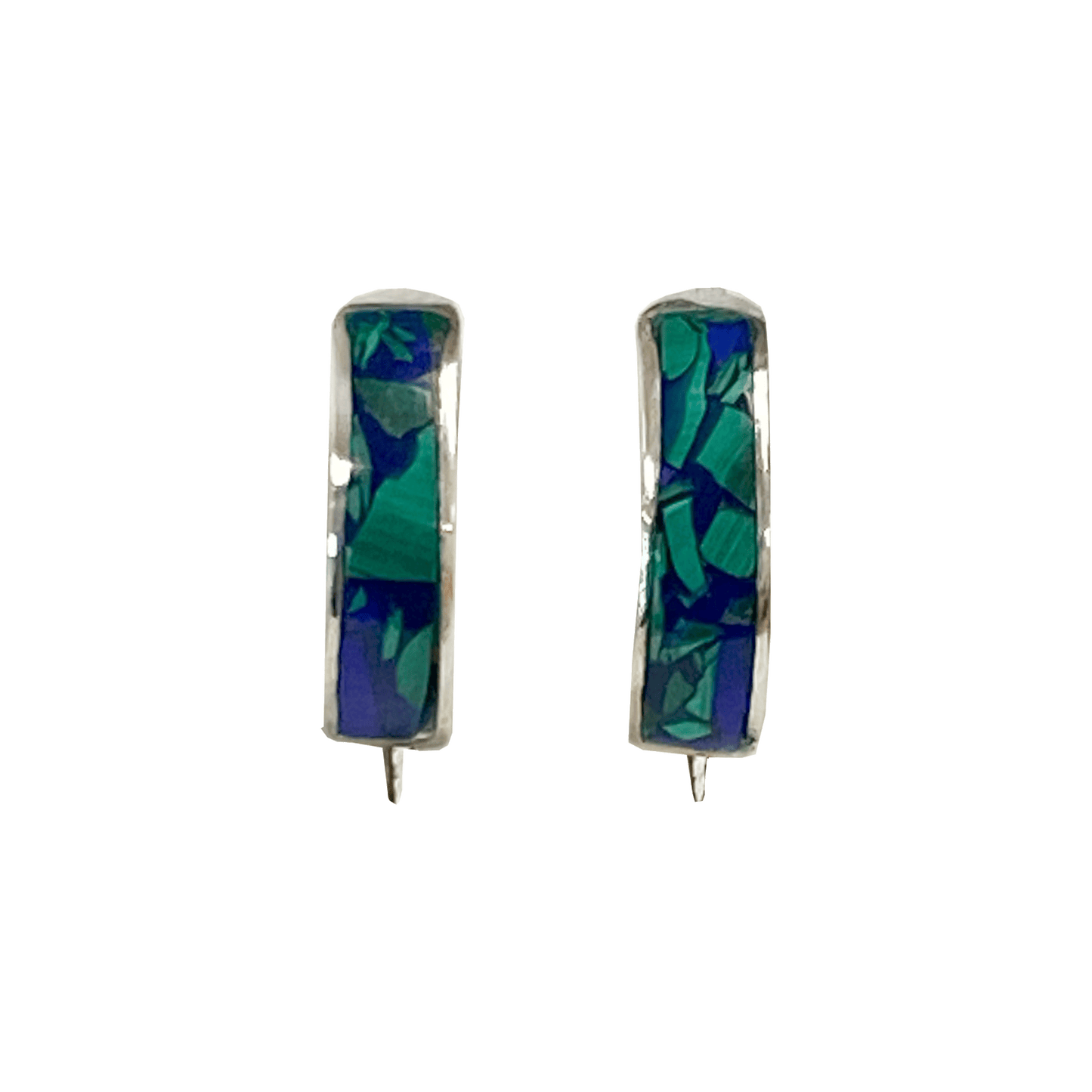 Sterling silver huggie hoop earrings displaying cuts of Eilat stone