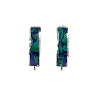 Sterling silver huggie hoop earrings displaying cuts of Eilat stone