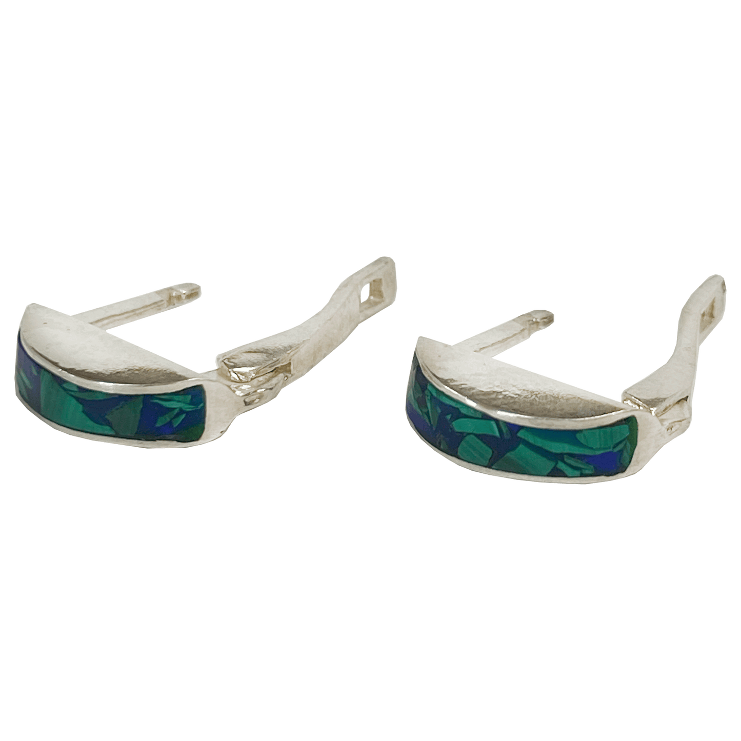 Sterling silver huggie hoop earrings displaying cuts of Eilat stone