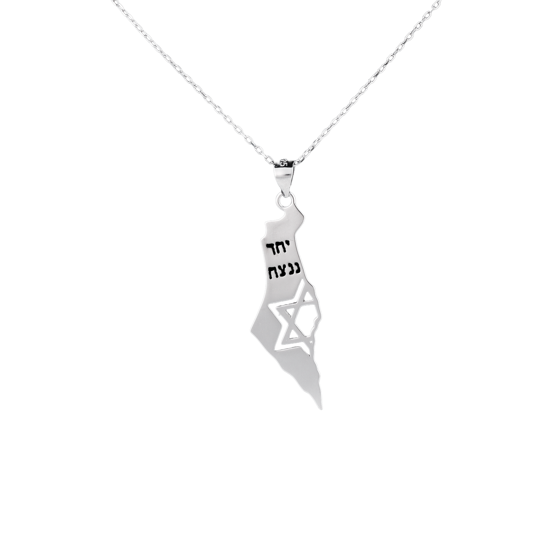 Silver pendant in the shape of Israel with the star of David and "together we will win" written in Hebrew