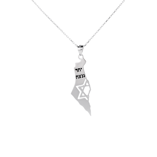 Silver pendant in the shape of Israel with the star of David and "together we will win" written in Hebrew