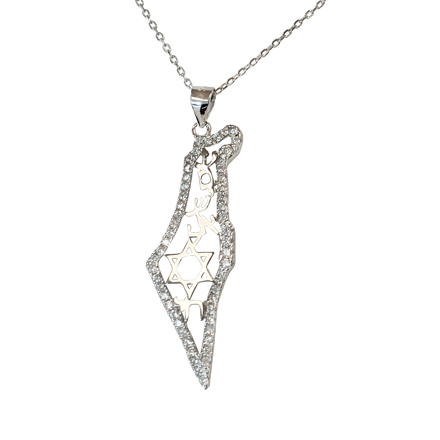 Israel-shaped pendant necklace outlined with clear cubic zirconia stones with a Star of David in the center 