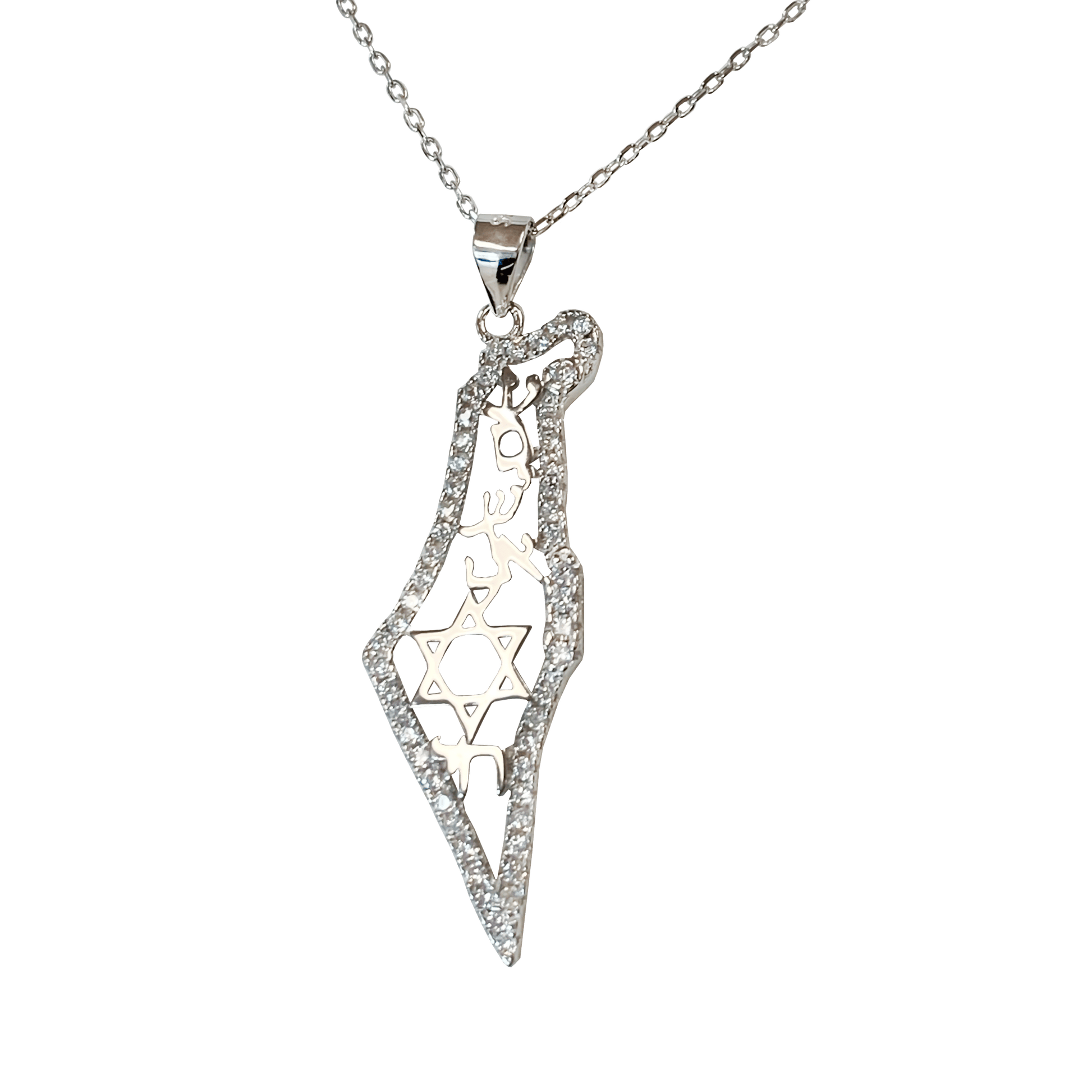 Israel-shaped pendant necklace outlined with clear cubic zirconia stones with a Star of David in the center 