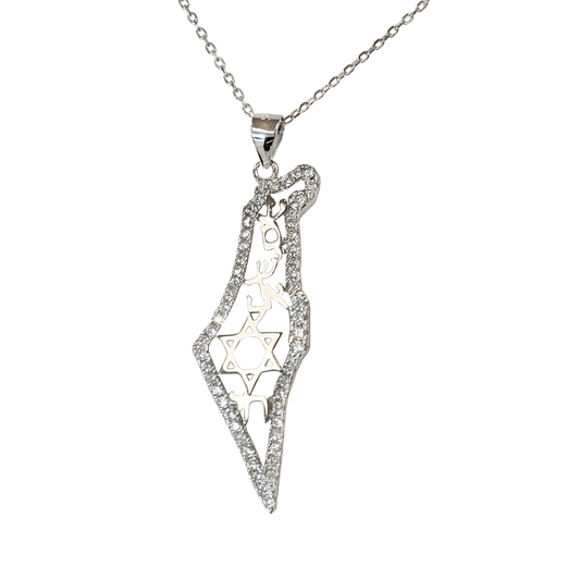 Israel-shaped pendant necklace outlined with clear cubic zirconia stones with a Star of David in the center 