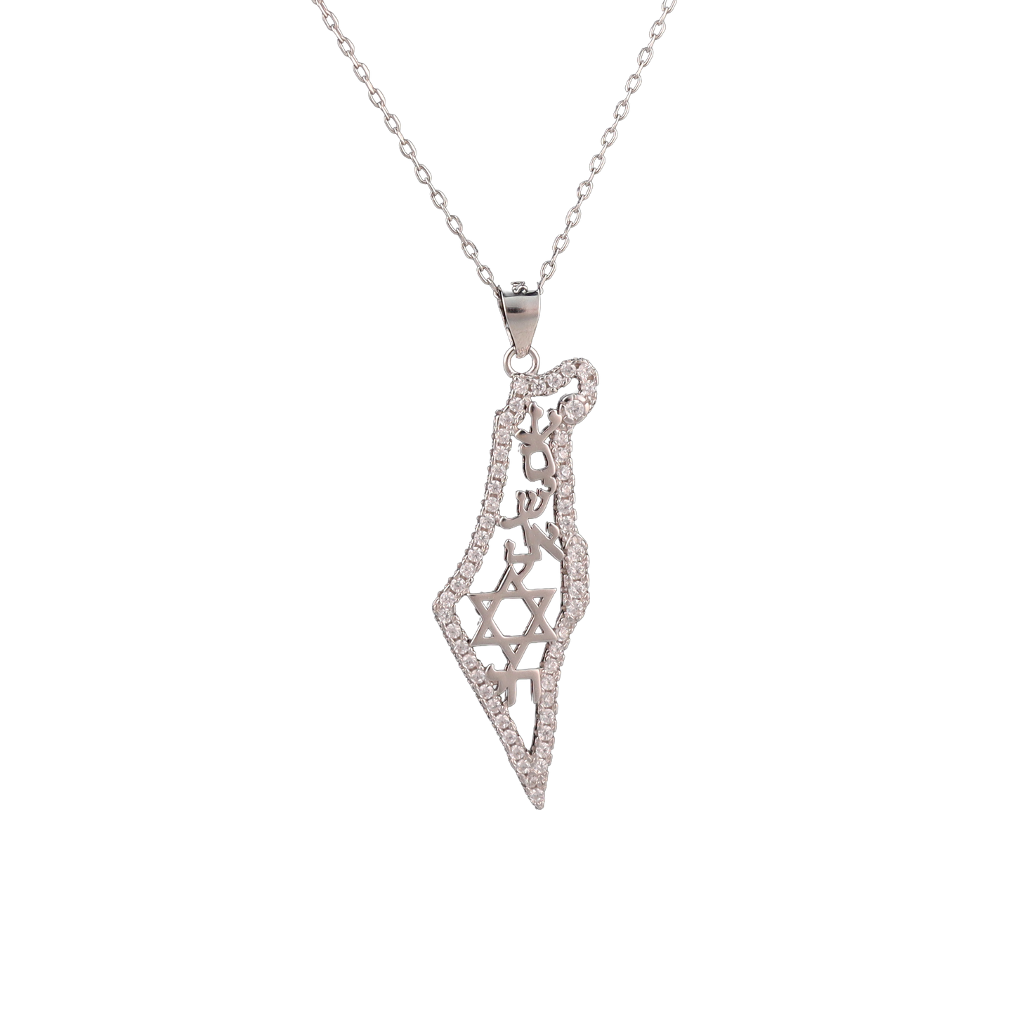 Sterling silver pendant in the shape of Israel, outlined with clear cubic zirconia, the star of David and the words "Israel Lives" in Hebrew on a silver chain