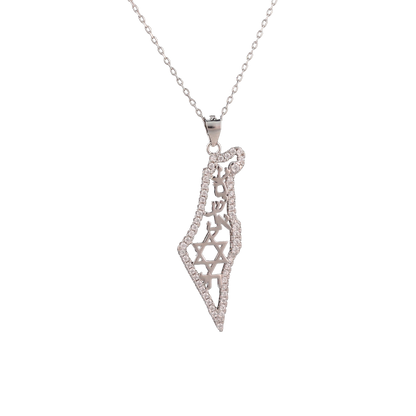 Sterling silver pendant in the shape of Israel, outlined with clear cubic zirconia, the star of David and the words "Israel Lives" in Hebrew on a silver chain