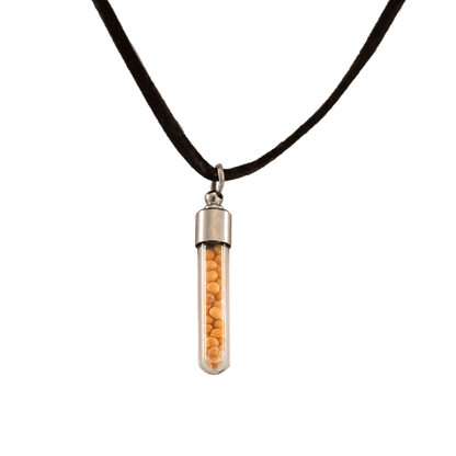 Clear vial holding mustard seeds pendant on a black cord