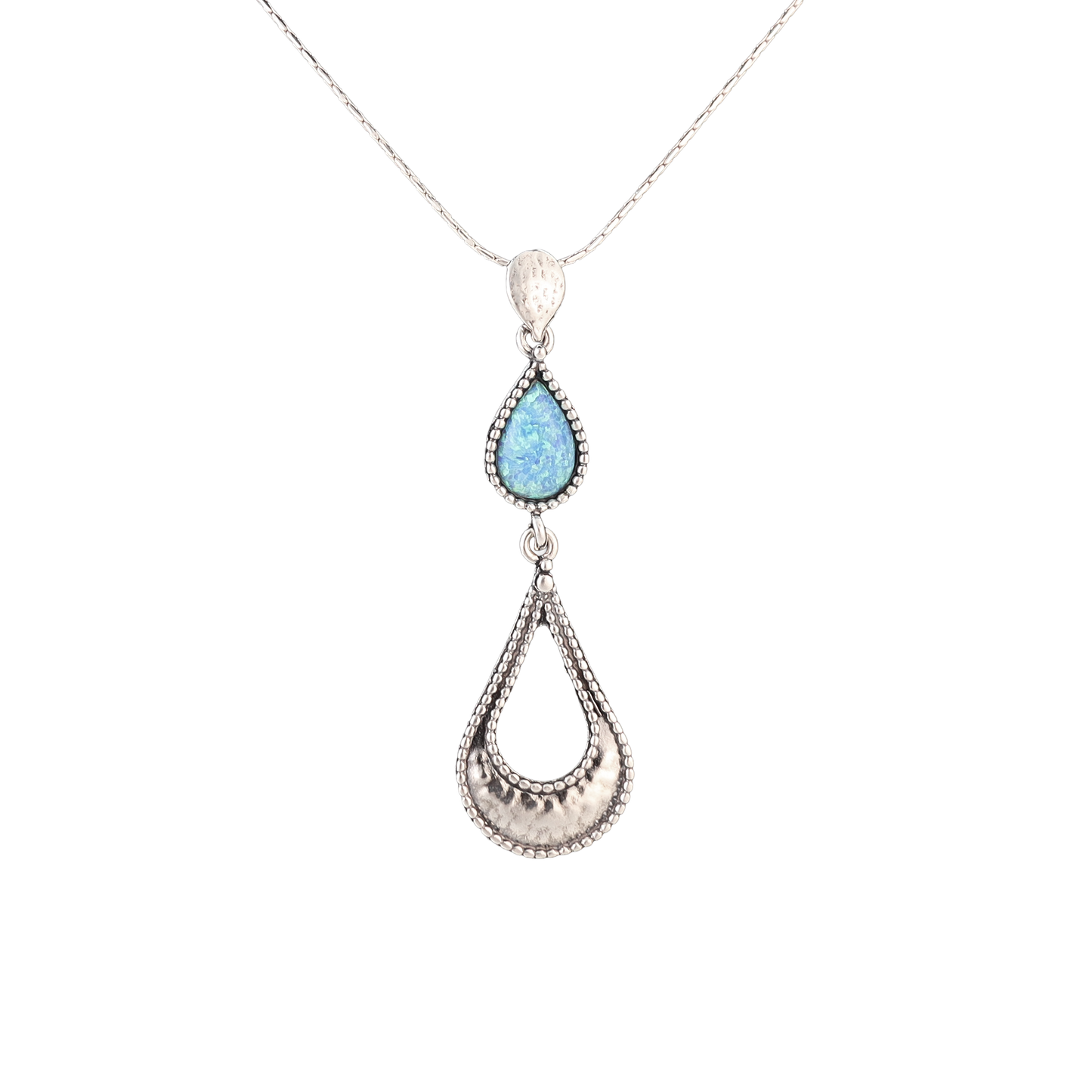 Sterling silver necklace with opal teardrop and larger sterling silver teardrop langling below