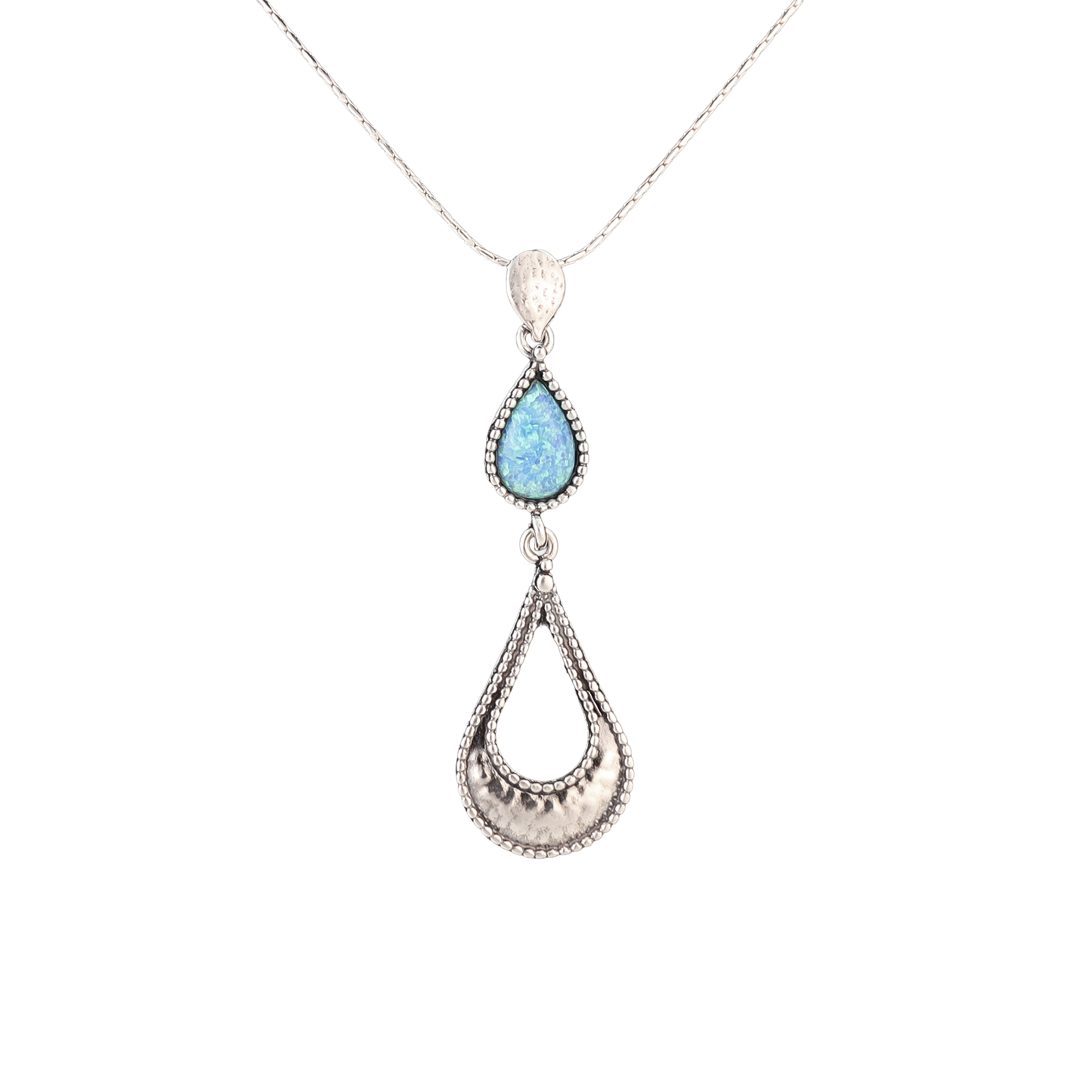Sterling silver necklace with opal teardrop and larger sterling silver teardrop langling below