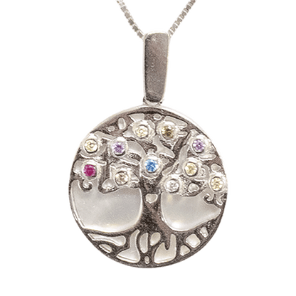 Tree of Life on Mother of Pearl/Crystals Necklace