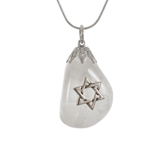 Clear quartz stone necklace with a Star of David on the front 