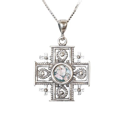 Roman Glass Jerusalem Cross Necklace