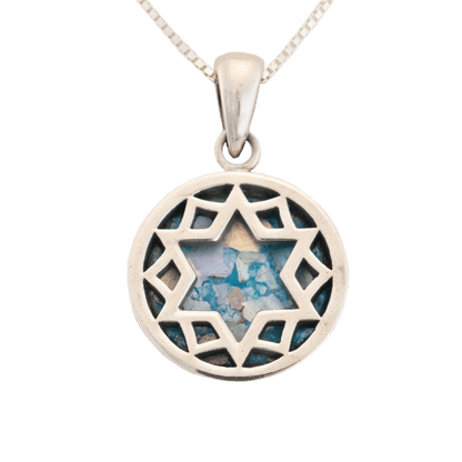 Roman Glass Silver Star of David Necklace