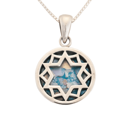 Roman Glass Silver Star of David Necklace