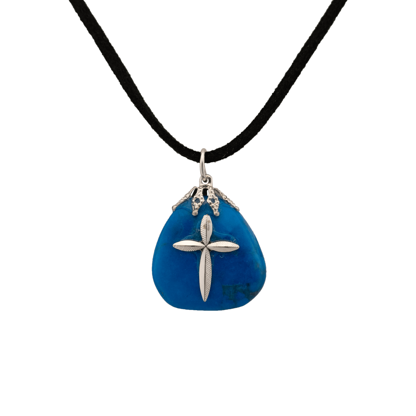 Blue Howlite stone pendant with silver leaf cross in the center on a black cord