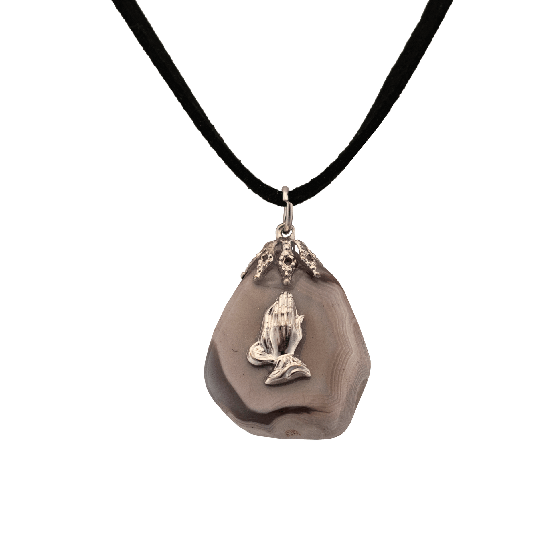 Teardrop shaped Lavender Agate Stone pendant with praying hands in the center on a black cord