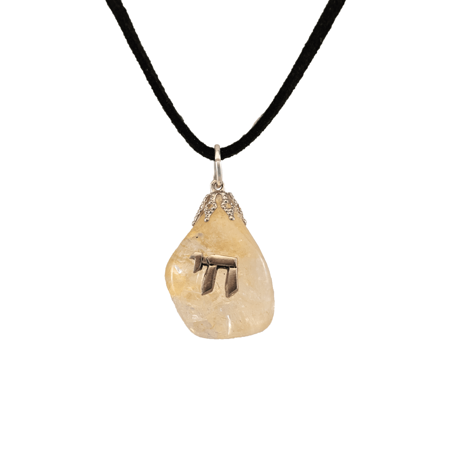 Citrine teardrop stone pendant with Chai symbol in the center on a black cord
